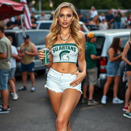 A 22-year-old Norwegian woman standing at a tailgate party, showcasing her buxom figure