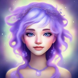 An enchanting digital art image of a cute Oracle woman with light freckles and lavender hair