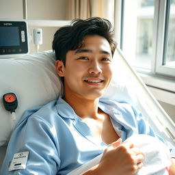 A handsome young Korean man with a striking face, smooth skin, and shiny black hair, lying on a hospital bed with a comfortable white pillow