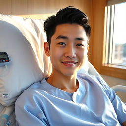 A handsome young Korean man with a striking face, smooth skin, and shiny black hair, lying on a hospital bed with a comfortable white pillow