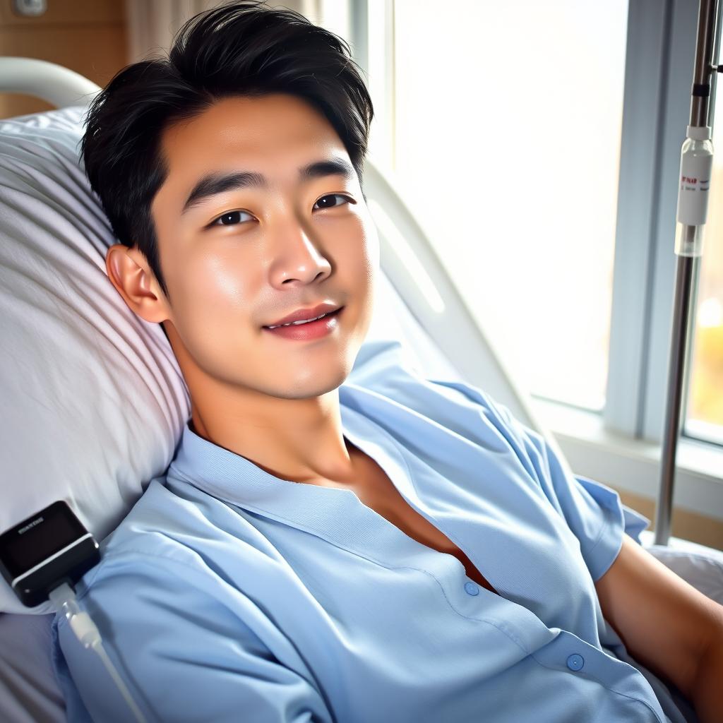 A handsome young Korean man with a striking face, smooth skin, and shiny black hair, lying on a hospital bed with a comfortable white pillow