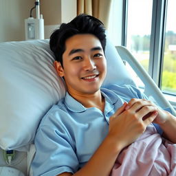 A handsome young Korean man with a striking face, smooth skin, and shiny black hair, lying on a hospital bed with a comfortable white pillow
