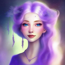 An enchanting digital art image of a cute Oracle woman with light freckles and lavender hair