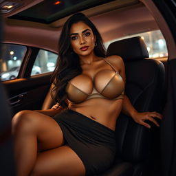An adult Indian woman in a fashionable mini skirt, completely undressing her bra while lying in the plush interior of a luxury car