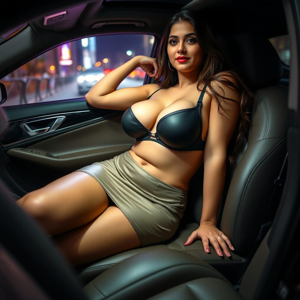 An adult Indian woman in a fashionable mini skirt, completely undressing her bra while lying in the plush interior of a luxury car