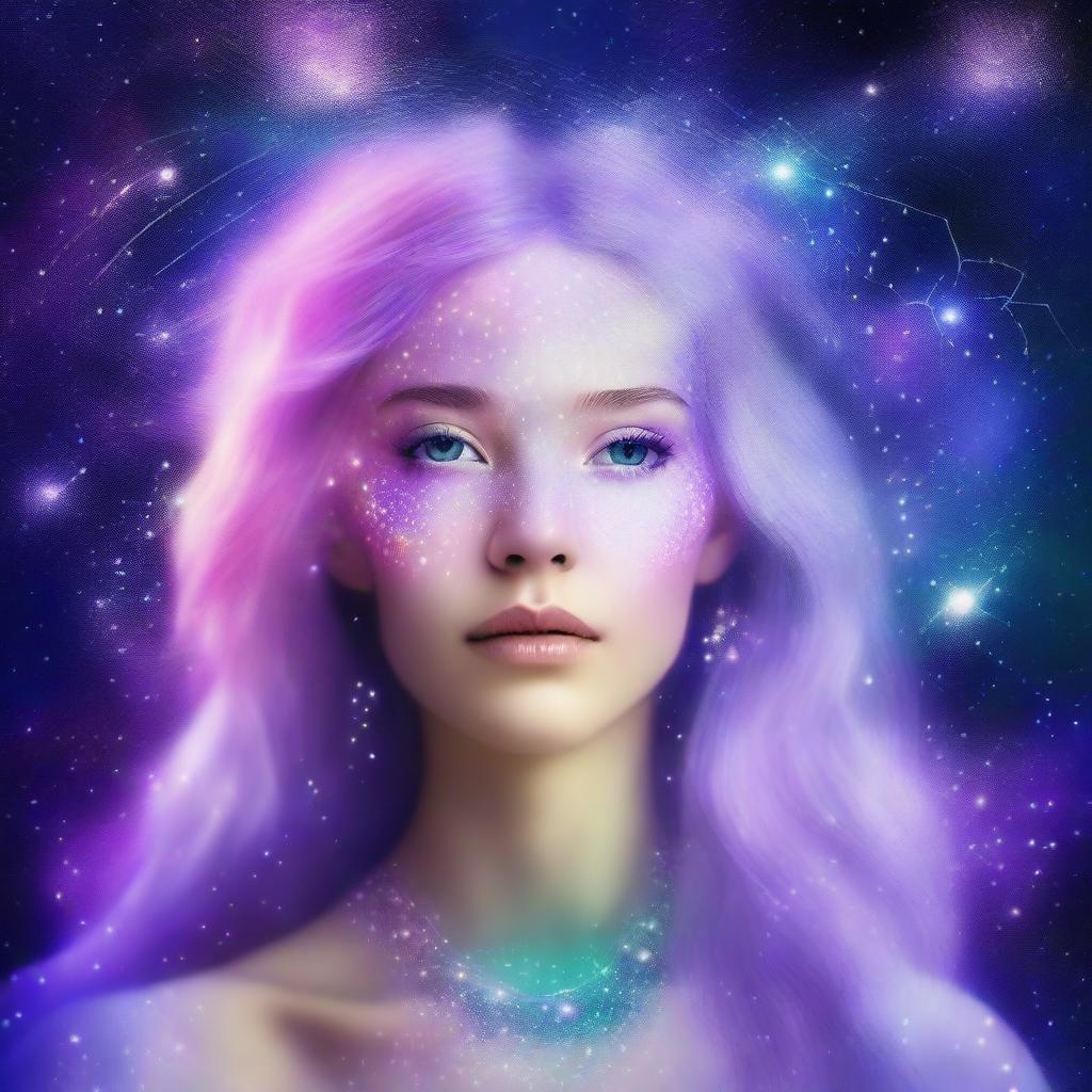 A captivating digital art piece of a mystical Oracle woman with light freckles and lavender hair