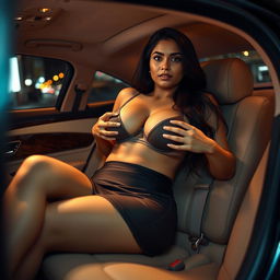An adult Indian woman in a fashionable mini skirt, completely undressing her bra while lying in the plush interior of a luxury car
