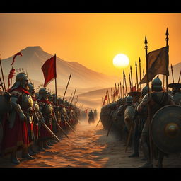 A dramatic scene of a king's army facing off against another fighter army in a vast desert landscape