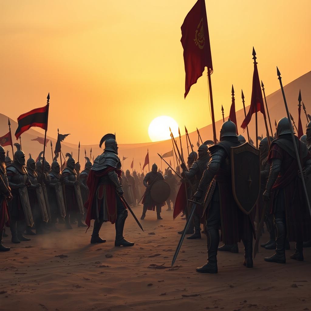 A dramatic scene of a king's army facing off against another fighter army in a vast desert landscape
