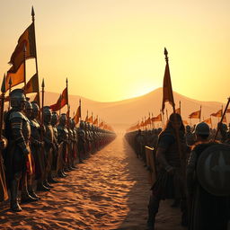 A dramatic scene of a king's army facing off against another fighter army in a vast desert landscape