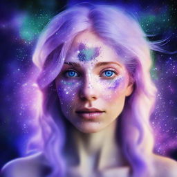 A captivating digital art piece of a mystical Oracle woman with light freckles and lavender hair