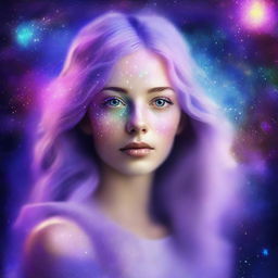 A captivating digital art piece of a mystical Oracle woman with light freckles and lavender hair