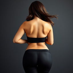 A captivating back view of a curvy, busty woman with a pronounced hourglass figure, wearing tight leggings that showcase her wide hips and voluptuous thighs