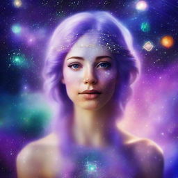 A captivating digital art piece of a mystical Oracle woman with light freckles and lavender hair