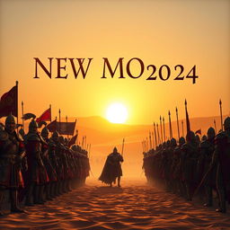 An epic scene depicting a king's army standing bravely in front of another fighter army in a vast desert setting