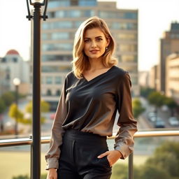 A 35-year-old European woman, elegantly dressed in modern attire that reflects her confidence and style
