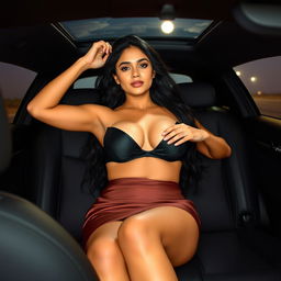 An adult Indian woman in a stylish mini skirt, completely undressing her bra while lying in the interior of a sleek car on a lonely road