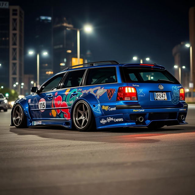 A blue 2001 widebody VW Passat R36 wagon, transformed into a drift car with a vibrant street livery, is parked at night