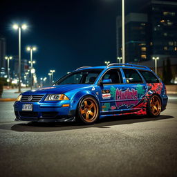 A blue 2001 widebody VW Passat R36 wagon, transformed into a drift car with a vibrant street livery, is parked at night