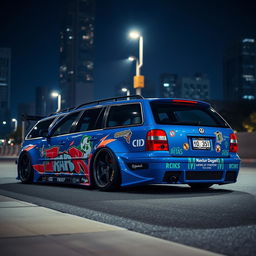 A blue 2001 widebody VW Passat R36 wagon, transformed into a drift car with a vibrant street livery, is parked at night