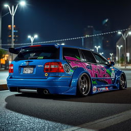 A blue 2001 widebody VW Passat R36 wagon, transformed into a drift car with a vibrant street livery, is parked at night