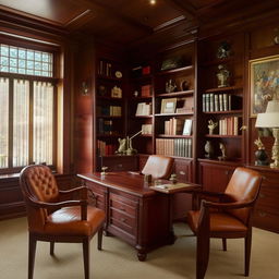 An elegant office with mahogany desk, leather chairs, book shelves filled with books, ample natural light, & classy artwork on the walls.