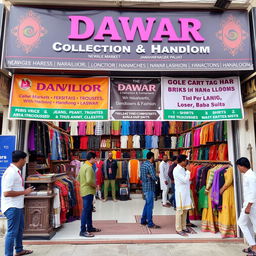 A colorful storefront of 'DAWAR Collection & Handloom', located near Gole Market in Jawahar Nagar, Palwal