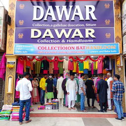 A colorful storefront of 'DAWAR Collection & Handloom', located near Gole Market in Jawahar Nagar, Palwal