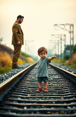 A mature narcissistic person stands at a distance, exuding an aura of confidence and superiority while gazing down at a young dreamy child