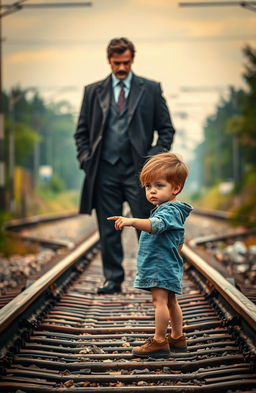 A mature narcissistic person stands at a distance, exuding an aura of confidence and superiority while gazing down at a young dreamy child
