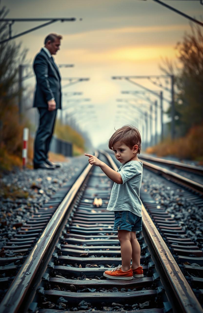 A mature narcissistic person stands at a distance, exuding an aura of confidence and superiority while gazing down at a young dreamy child