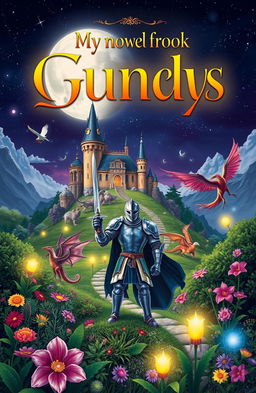 A captivating fantasy book cover featuring a whimsical landscape with a majestic castle on a hill under a starry night sky