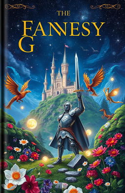 A captivating fantasy book cover featuring a whimsical landscape with a majestic castle on a hill under a starry night sky