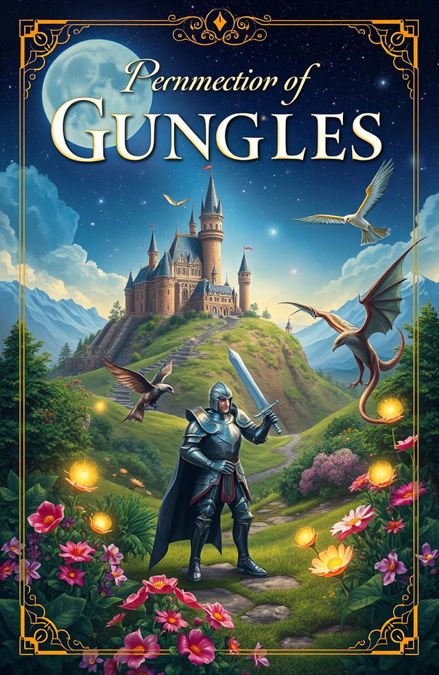 A captivating fantasy book cover featuring a whimsical landscape with a majestic castle on a hill under a starry night sky