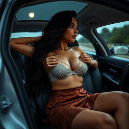 An adult Indian woman in a stylish mini skirt, entirely undressing her bra while lying in the plush interior of a car parked on a secluded road
