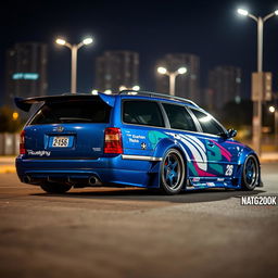 A striking blue 2001 widebody VW Passat R36 wagon, configured as a drift car with a bold race livery, is parked at night