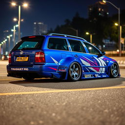 A striking blue 2001 widebody VW Passat R36 wagon, configured as a drift car with a bold race livery, is parked at night
