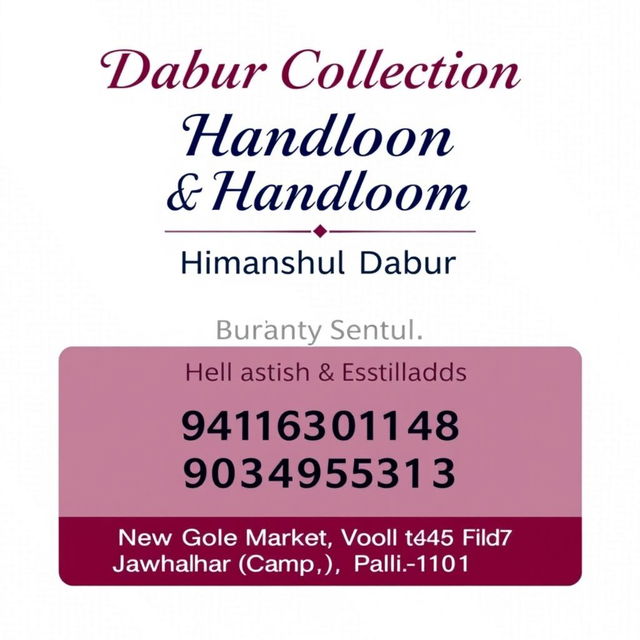 A professional and clean business card design featuring 'Dabur Collection & Handloom' in bold, elegant text at the top-center