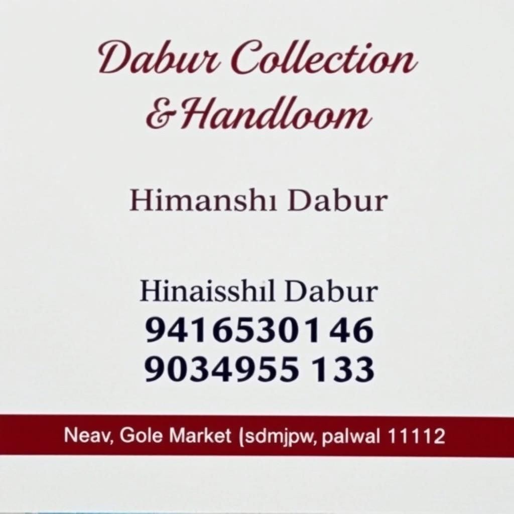 A professional and clean business card design featuring 'Dabur Collection & Handloom' in bold, elegant text at the top-center