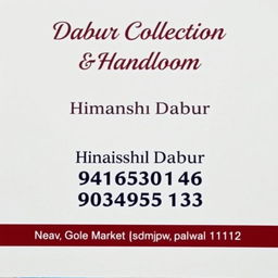 A professional and clean business card design featuring 'Dabur Collection & Handloom' in bold, elegant text at the top-center