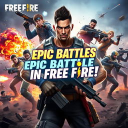 A dynamic and eye-catching video thumbnail for a Free Fire gaming video, featuring an intense battle scene with colorful explosions and a variety of characters from the game