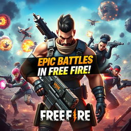 A dynamic and eye-catching video thumbnail for a Free Fire gaming video, featuring an intense battle scene with colorful explosions and a variety of characters from the game