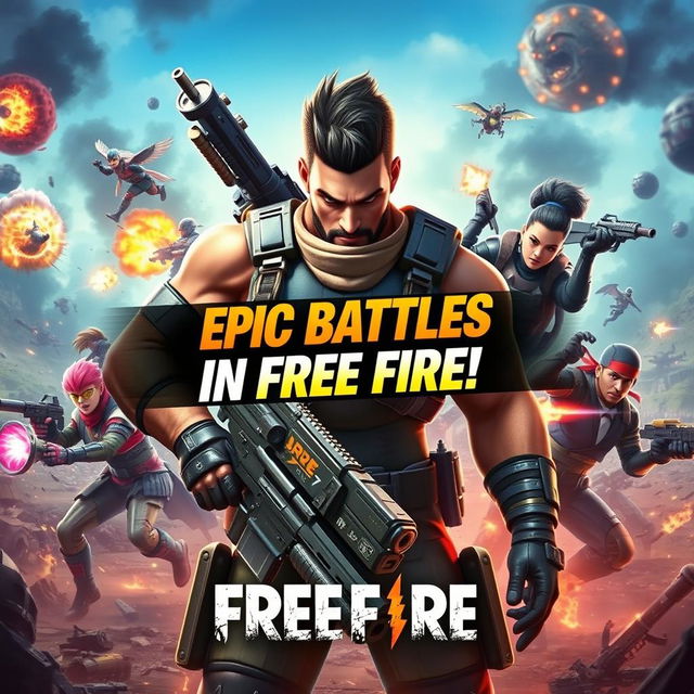 A dynamic and eye-catching video thumbnail for a Free Fire gaming video, featuring an intense battle scene with colorful explosions and a variety of characters from the game