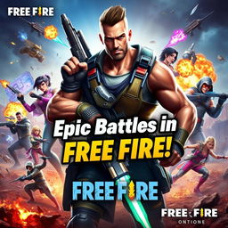 A dynamic and eye-catching video thumbnail for a Free Fire gaming video, featuring an intense battle scene with colorful explosions and a variety of characters from the game