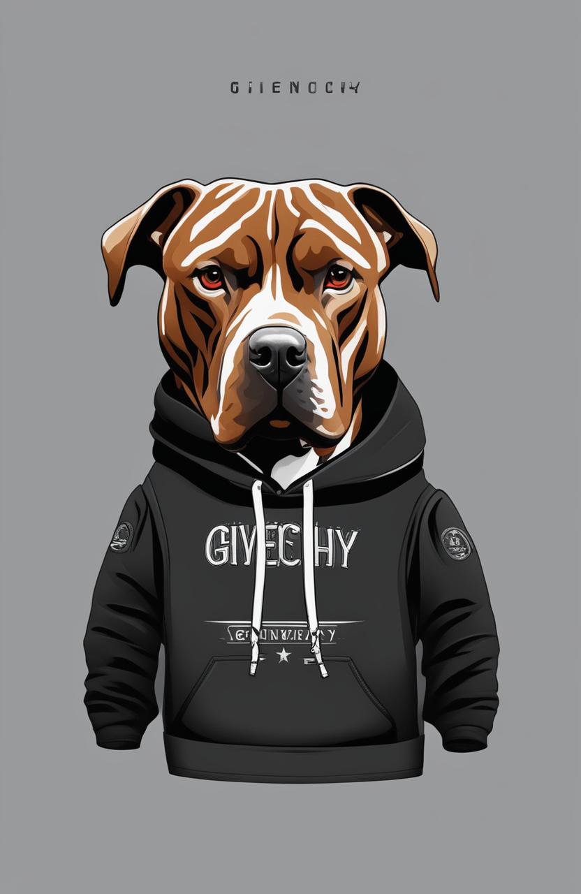 A high-quality digital art image of a black hoodie, featuring a graphic design of a lifelike pitbull adorned with a Givenchy logo collar