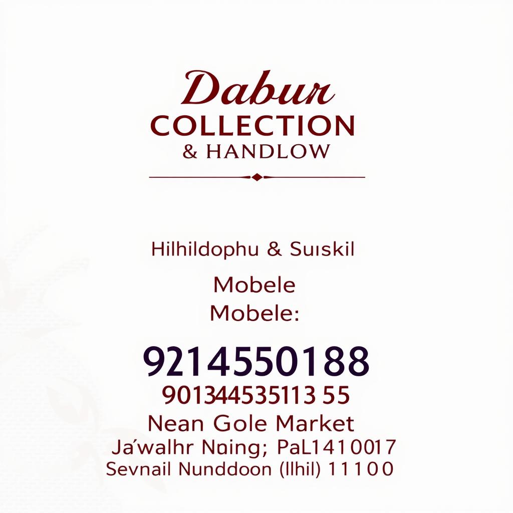 A professional and clean business card design featuring 'Dabur Collection & Handloom' in bold, elegant text at the top-center