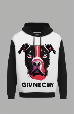 A high-quality digital art image of a black hoodie, featuring a graphic design of a lifelike pitbull adorned with a Givenchy logo collar