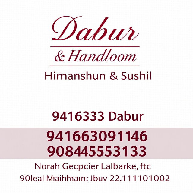 A professional and clean business card design featuring 'Dabur Collection & Handloom' in bold, elegant text at the top-center