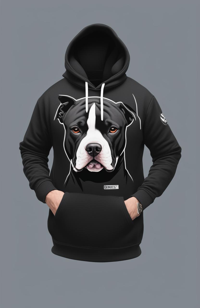 A high-quality digital art image of a black hoodie, featuring a graphic design of a lifelike pitbull adorned with a Givenchy logo collar