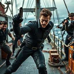 A thrilling scene depicting a secret agent in a dynamic action pose, engaged in an intense fight with a group of antagonists aboard a large ship